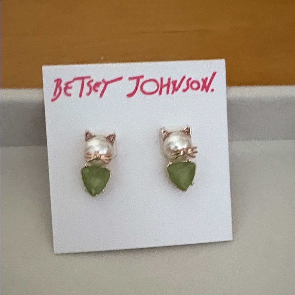 Betsey Johnson Silver and Green Cat Earrings
